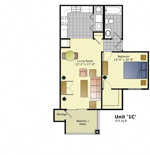 Floor plan for 1 bed, 1 bath, 675 sqft